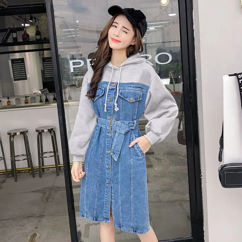 Sashes Denim Hoodie Dress 