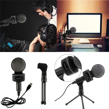 

Portable USB Plug N Play Condenser Microphone Audio Studio Rubberized Body With Tripod Stand Mount Desktop For Computer