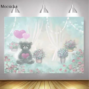 

Valentine's Day Photography Teddy Bear Flowers Portrait Backdrop Floral Oil Painting Children Birthday Background White Curtain