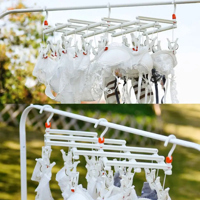 Windproof Foldable Quickly Remove Laundry Clothes Drying Rack Hanger Hook with 19 Roller Clips for Underwear Sock Glove Rotating
