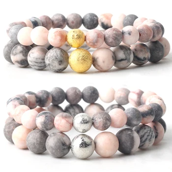 

Natural Stone Pink Zebra Jaspers Round Beads Couple Bracelet Chain length 19cm For Men Women 6mm 8mm 10mm Gold Silvering Beads