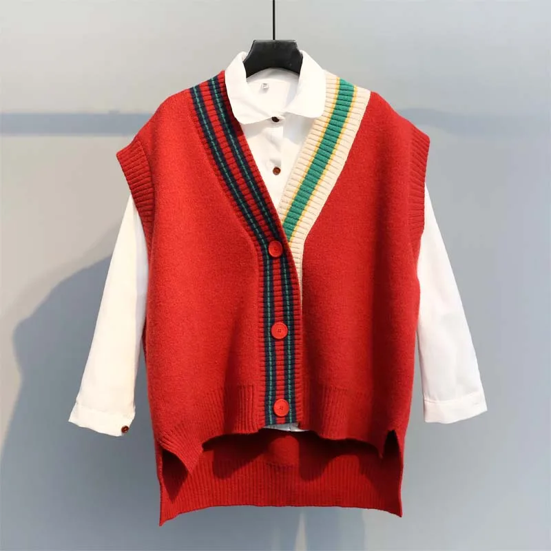 Patchwork Knitted Vest Women Cardigan 2020 Autumn Asymmetry Loose Short Female Sleeveless Jacket Winter Lady's Sweater OK328 |
