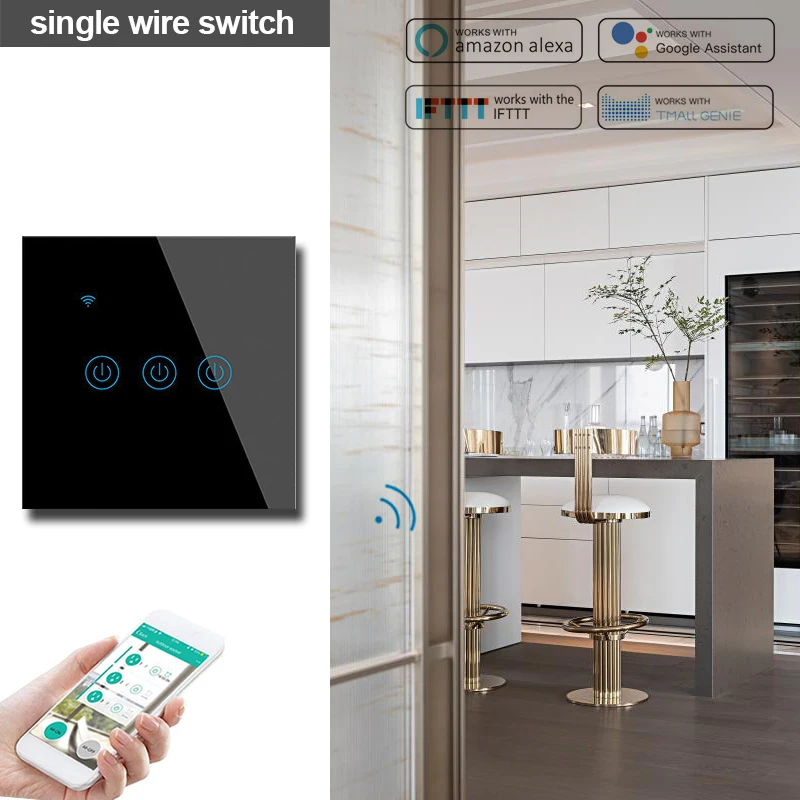 

Single Wire Smart wall switch Crystal Glass Panel Works With Alexa / Google Home Light wifi Remote Control 110V 220V