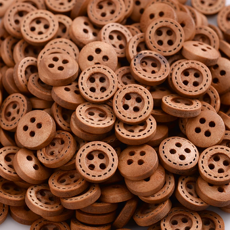 Hot 12mm 100Pcs Brown Dotted Line Wooden Buttons Scrapbooking Handmade Decorative Button For Apparel DIY Sewing Accessories