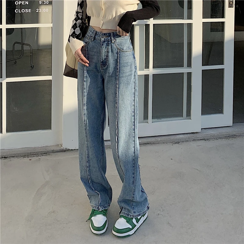 Korean Style Jean Loose High Waist Jeans Women Street Design Straight Wide  Leg Pants  Spring Fall Girls Long Denim Trousers