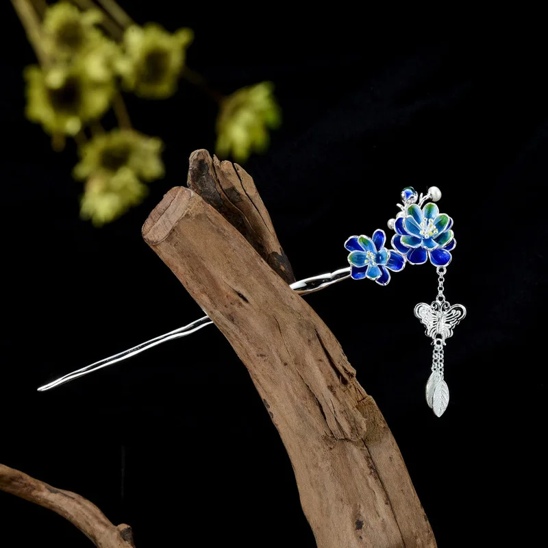 925 Sterling Silver Hair Sticks Blue Enamel Flower Hair Accessory for Women Wedding Pearl Butterfly Tassel Handmade Bridal Tiara