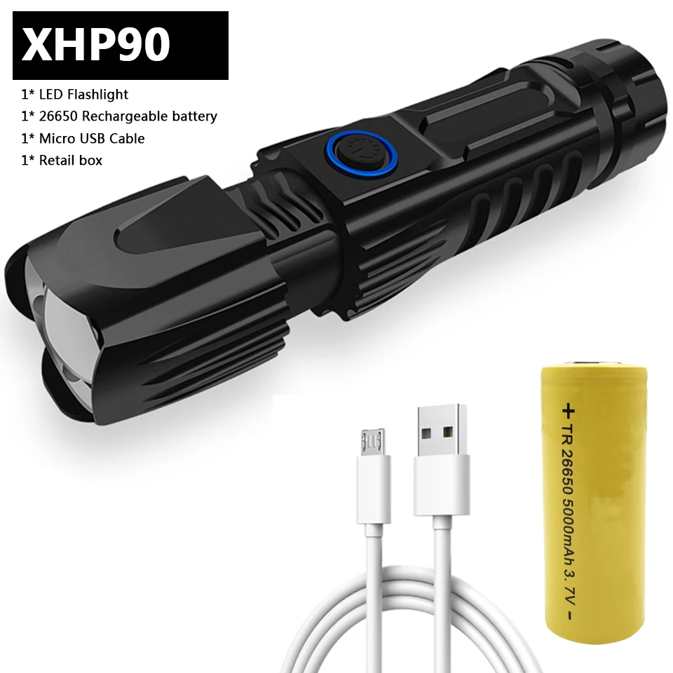 Package B Xhp90 светодиодный фонарик, зарядка через usb, растягивающийся зум, ударопрочный, мощный, перезаряжаемый, 26650, внешний аккумулятор, фонарик - Испускаемый цвет: Package B