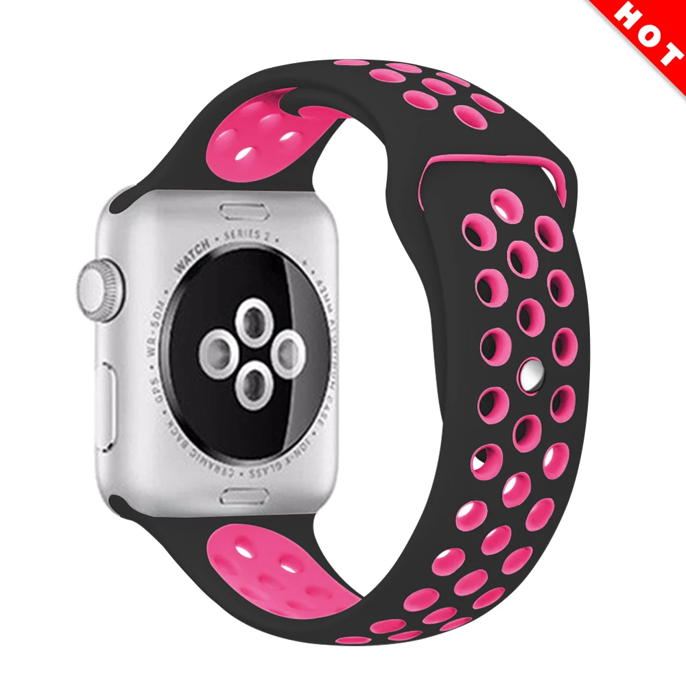Эластичный дышащий силиконовый спортивный ремешок для apple watch 42 мм, 38 мм, Версия 44 мм 40 мм браслет на запястье, apple серии 5/4/3/2/1 Универсальный - Цвет ремешка: Black bright pink