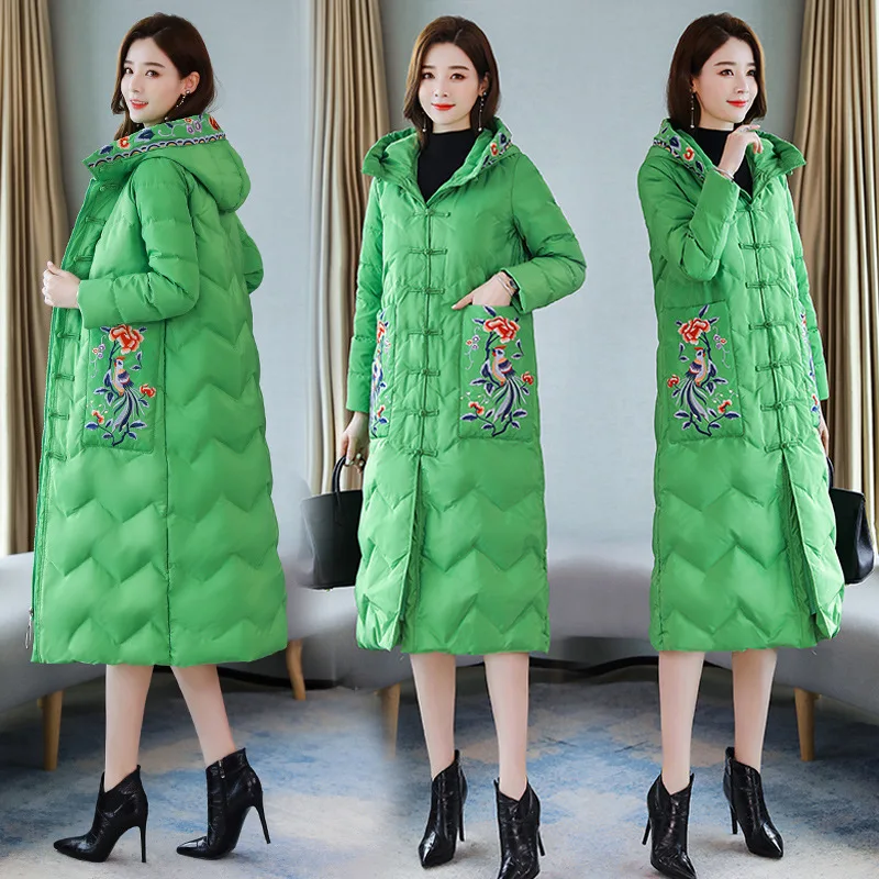 

2019 Winter New Style Hooded Embroidered Medium-length Cotton-padded Clothes Fashion Slim Fit Retro National Wind down Jacket Co