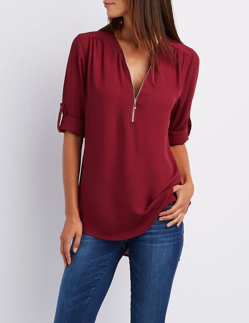 S-5XL Women Chiffon Blouse Casual Half Sleeve V-Neck Zipper Blue Irregular Loose Shirts Summer Autumn Sexy Tops Plus Size Shirts - Цвет: 6186 Wine Red