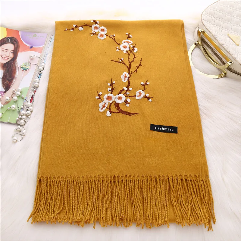 1Ginger yellow Новые зимние теплые однотонные шарф для Для женщин/леди из мягкой шерсти шали Цветочная вышивка кашемировый женский кашне, накидки - Цвет: 1Ginger yellow