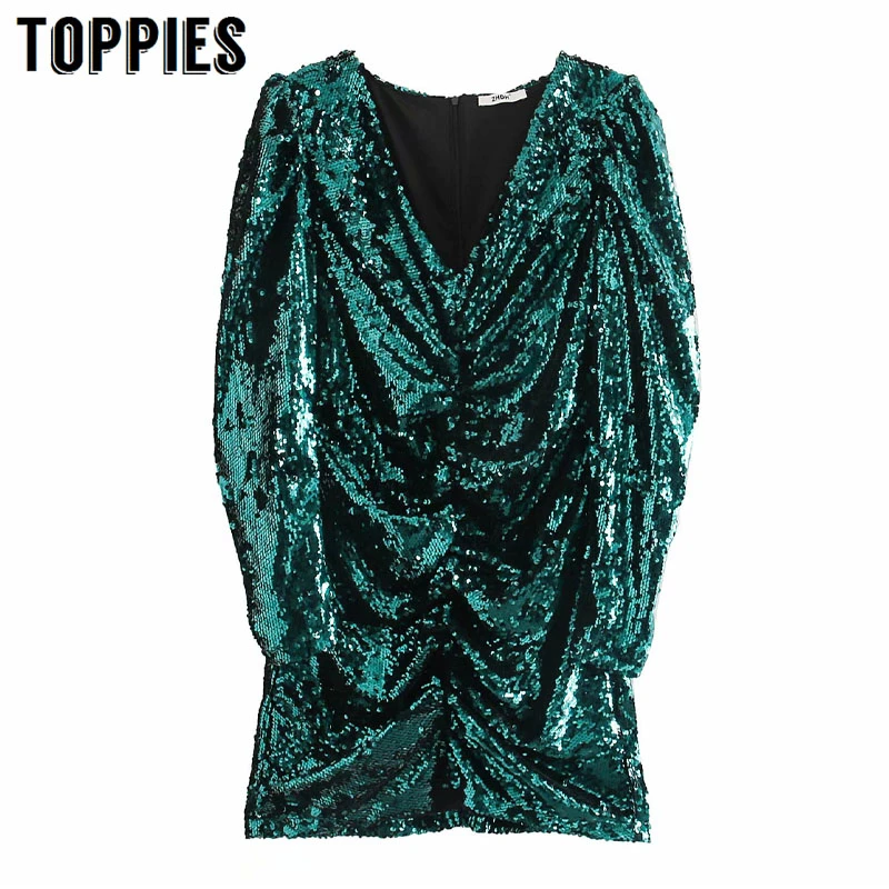 

Winter Long Sleeve Sequin Party Dress Women Pleated V-neck Mini Dress Sexy Club Wear Vestidos Mujer 2020