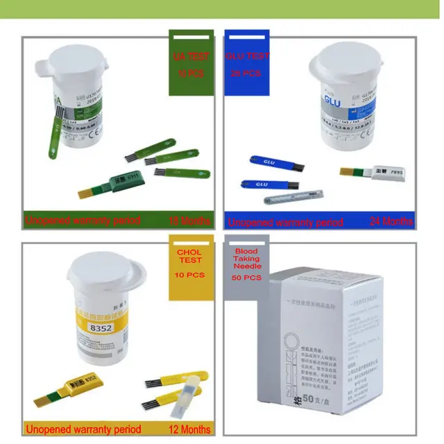 3 In 1 Blood Glucose Meter Cholesterol Uric Acid Testing Meter Kit GLUC UA CHOL Test System +Strips 5