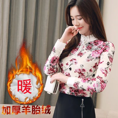 Blusas Femininas, элегантные женские блузки, утолщенная теплая блузка, рубашка с длинным рукавом, офисные рубашки больших размеров, топы 3XL, 5 цветов - Цвет: Rose Thicken