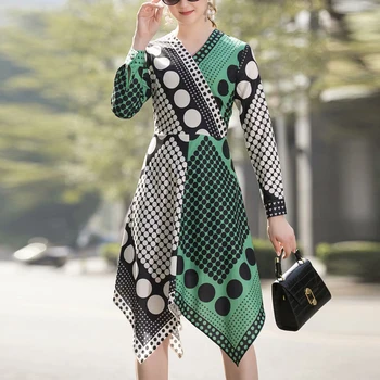 

Dot Print Sexy V-Neck Long Sleeve Slim Fit Temperament Irregular Bohemia Women'S Dress 2020 Spring Summer New Style High Quality