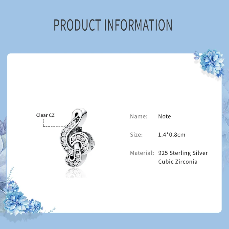 925 Sterling Silver Bead Charm Sweet Music Note Charms Treble Clef Pave CZ Fit Pandora Bracelets Women Diy Jewelry beads charms charm jewelry sterling silver jewelry sterling silver beads sterling silver beads charm