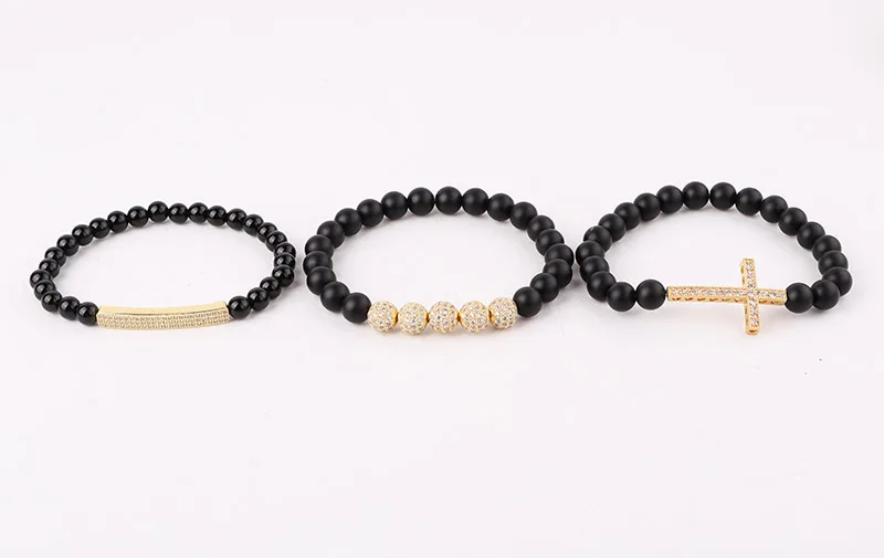 JARAVVI Natural Stone CZ Pave Cross Charm Matte Onyx Elastic Beads Bracelet Set Men Jewelry Gift - Image 5