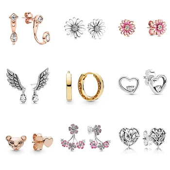 

Authentic 925 Sterling Silver Earrings Plum Wings Love Tree Rose Gold Lion Earrings For Women Wedding Party Jewelry