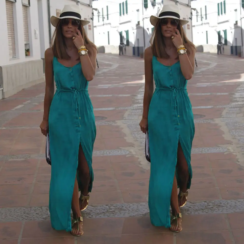 

2019 Casual Summer Dress Sleeveless Women Maxi Long Dresses Green V-Neck High Waist Front Wrap Women Beach Dress
