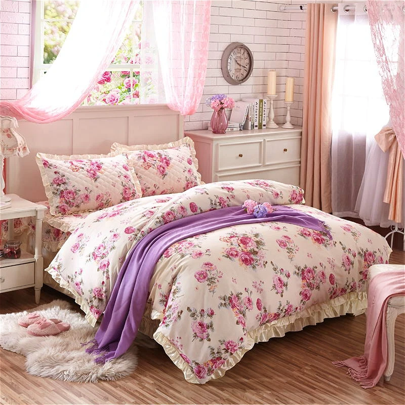 DOUBLE BED FRILLED DUVET COVER SET FLORAL WHITE BLUE PINK LILAC ROSE FLOWERS