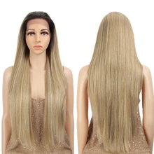 Белла Длинные прямые парик Золотой Блонд Омбре черный часть 13*4 синтетические парики на кружеве для женщин Косплей термостойкие 31"