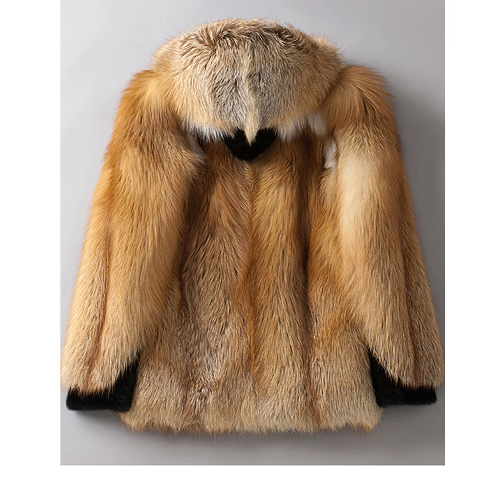 2019 Новое мужское Золотое пальто с лисьим мехом Модная Меховая куртка с капюшоном мужское зимнее пальто, кожаная куртка