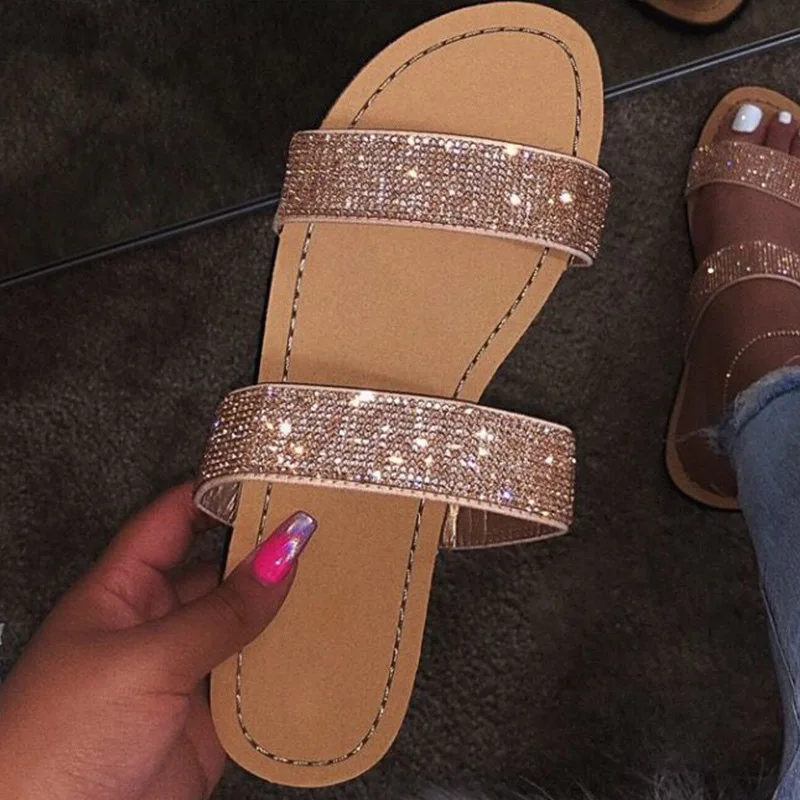 

2020 Rhinestone Sandals Women Summer Slippers Open Toe Big Size Sandal Beach Slides Women Summer Shoes Gold Silver