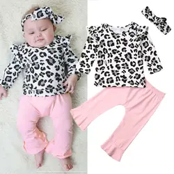 Модная осенняя одежда для новорожденных девочек, леопардовые топы из 3 предметов, расклешенные штаны, комплекты с головным убором