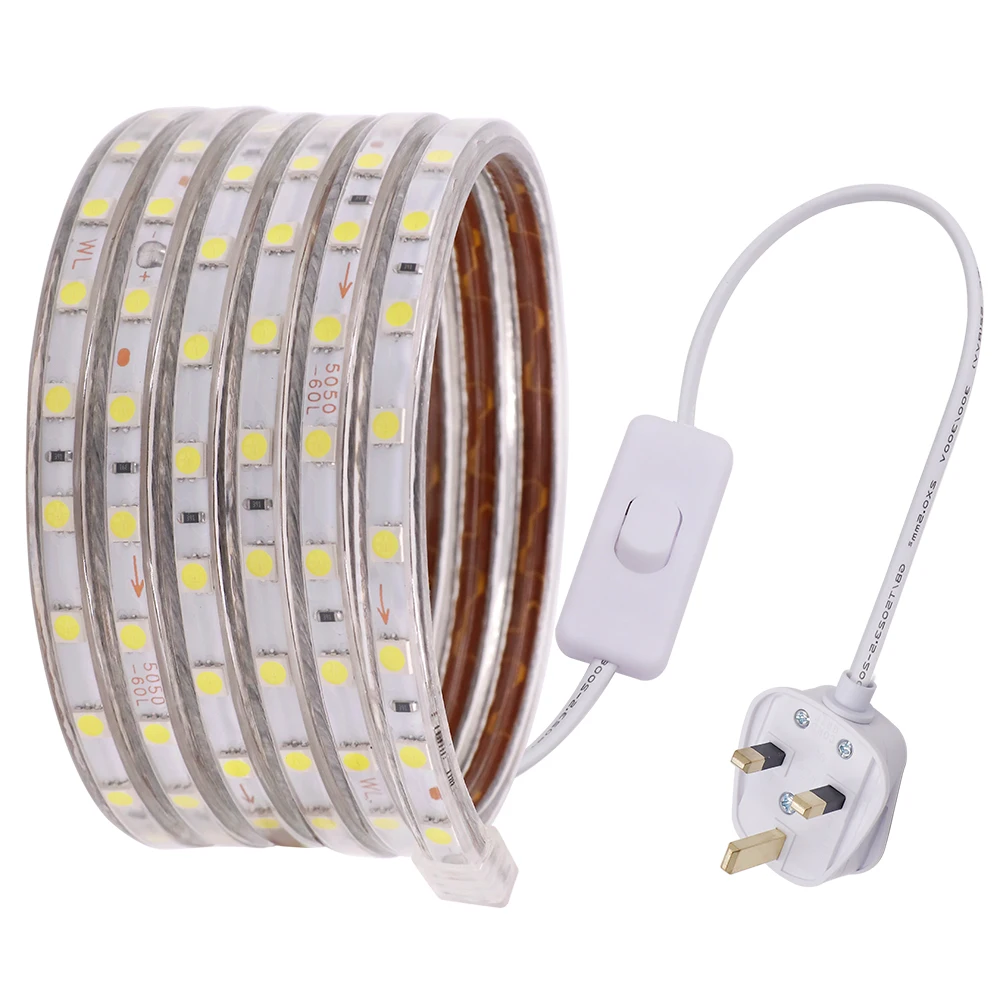 #cheap AC 220V 5050 Led Strip 60Leds m Waterproof Led Strip Light Home Outdoor Decoration LED Light Ribbon Tape With UK Plug
