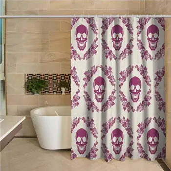 

Sugar Skull Odorless Waterproof Shower Curtain Monochrome Style Calavera Inspired Surround by Circular Floral Wreath Print Large