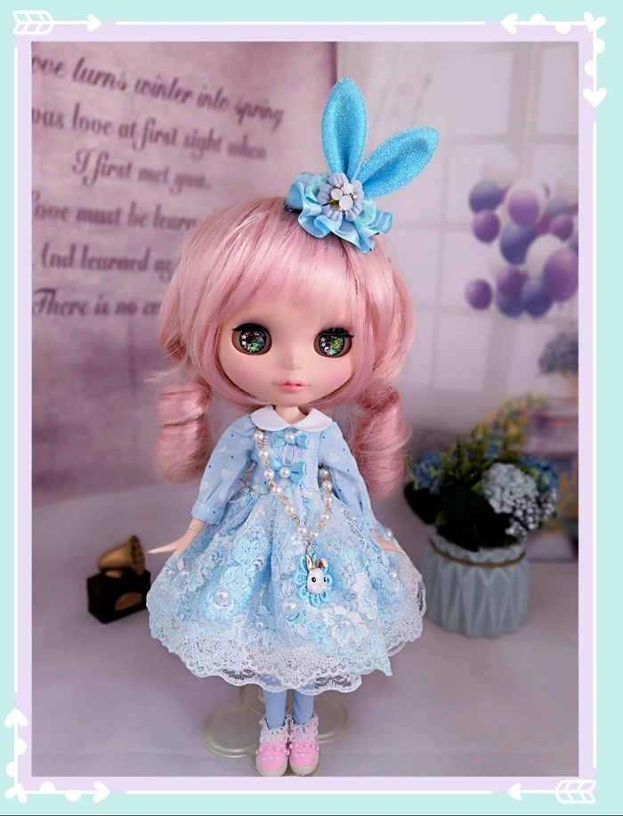Одежда для 1/6 Blyth Doll, голубое кружевное платье с вышивкой и кроликом, головной убор для Pullip, Licca, Azone 1/6, аксессуары для кукольной одежды