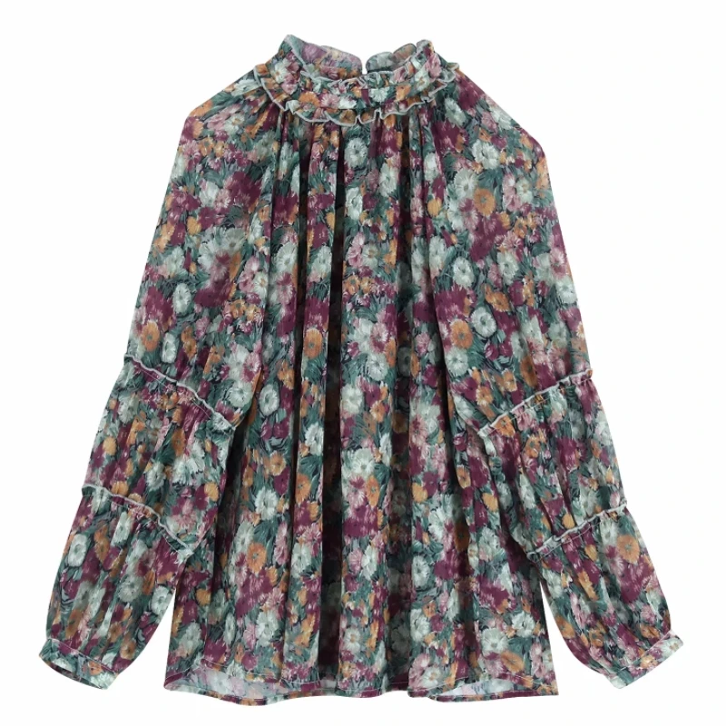 Новинка, женская элегантная повседневная блузка-кимоно со стоячим воротником и цветочным принтом, женские шифоновые Блузы с оборками, топы LS6012 - Цвет: as pic LS6012BB