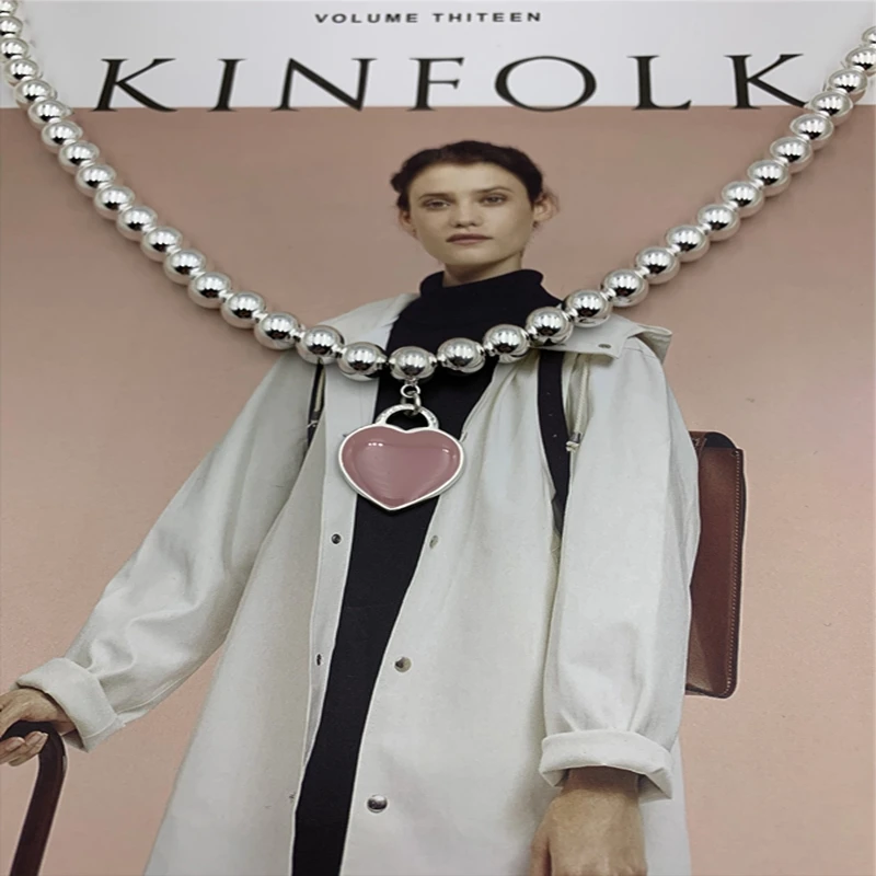 

SHINETUNG Original 1:1 S925 Sterling Silver Necklaces Pink Color Heart-Shape Bead8mm) Chain Necklaces Women Fashion Jewelry