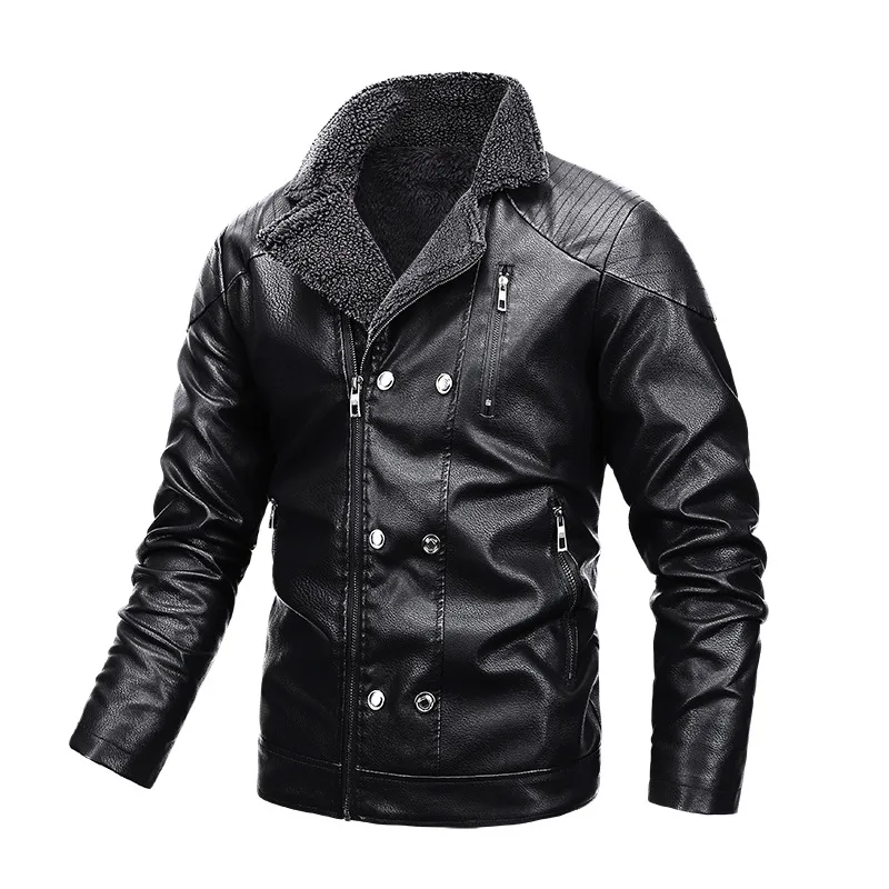 

New 2020 Thick Warm Winter Plus Velvet Leather Jacket Men Fashion Double breasted Zipper Punk Motorcycle Leather Mens Jackets