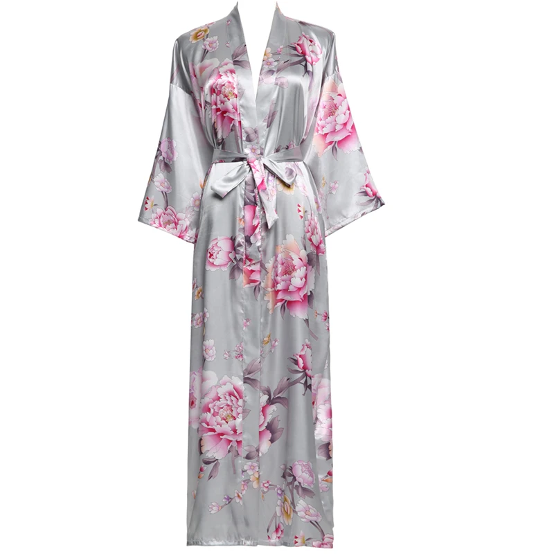 YUXINBRIDAL New Long Floral Robe Kimono Bridal Satin Silk Bathrobe Night Dress Wedding Robes Bridesmaids Bride Sleepwear - Цвет: grey