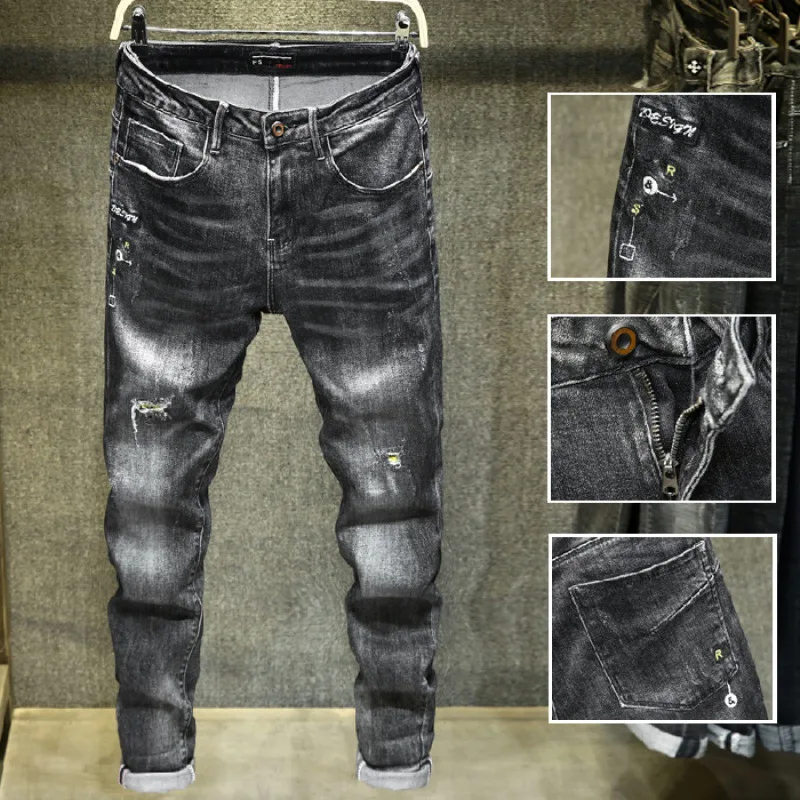 

Autumn And Winter New Style Washing Faded Skinny Jeans Men's Slim Fit Elasticity Embroidered Cat Whisker [QQ Group: 58411717