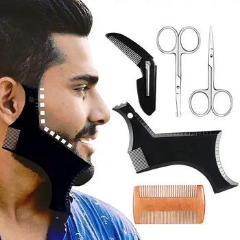 

Beard Care Set Beard Shape Comb Double-sided wooden Comb Scissors hot comb barber Transparent Beard Comb Styling tool 5 pieces