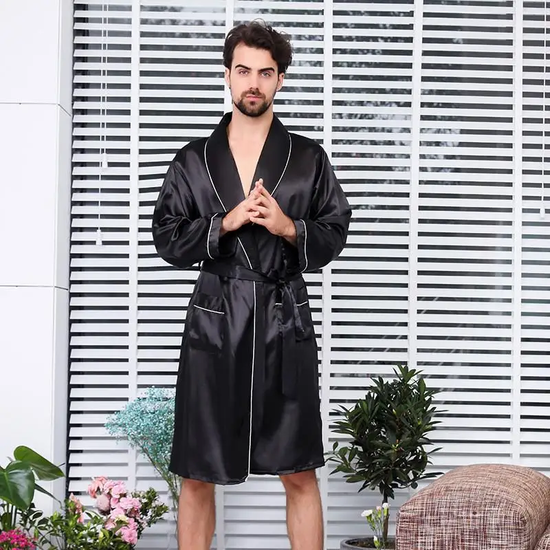 Large Size 3XL 4XL 5XL Robe Men Summer Single Nightgown Navy Blue Satin Bathrobe Kimono Gown Long Sleeve Home Dressing Gown mens cotton pajama bottoms Men's Sleep & Lounge