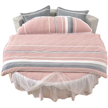 

Customized Size Thickened Winter Coral Velvet Round Bed 4 Pcs Fitted Sheet Warm Striped Lace Yarn Simple Pink