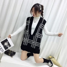 Женский вязаный свитер жилет весна корейский стиль винтажный геометрический клетчатый пуловер с v-образным вырезом без рукавов жилет черный серый T458