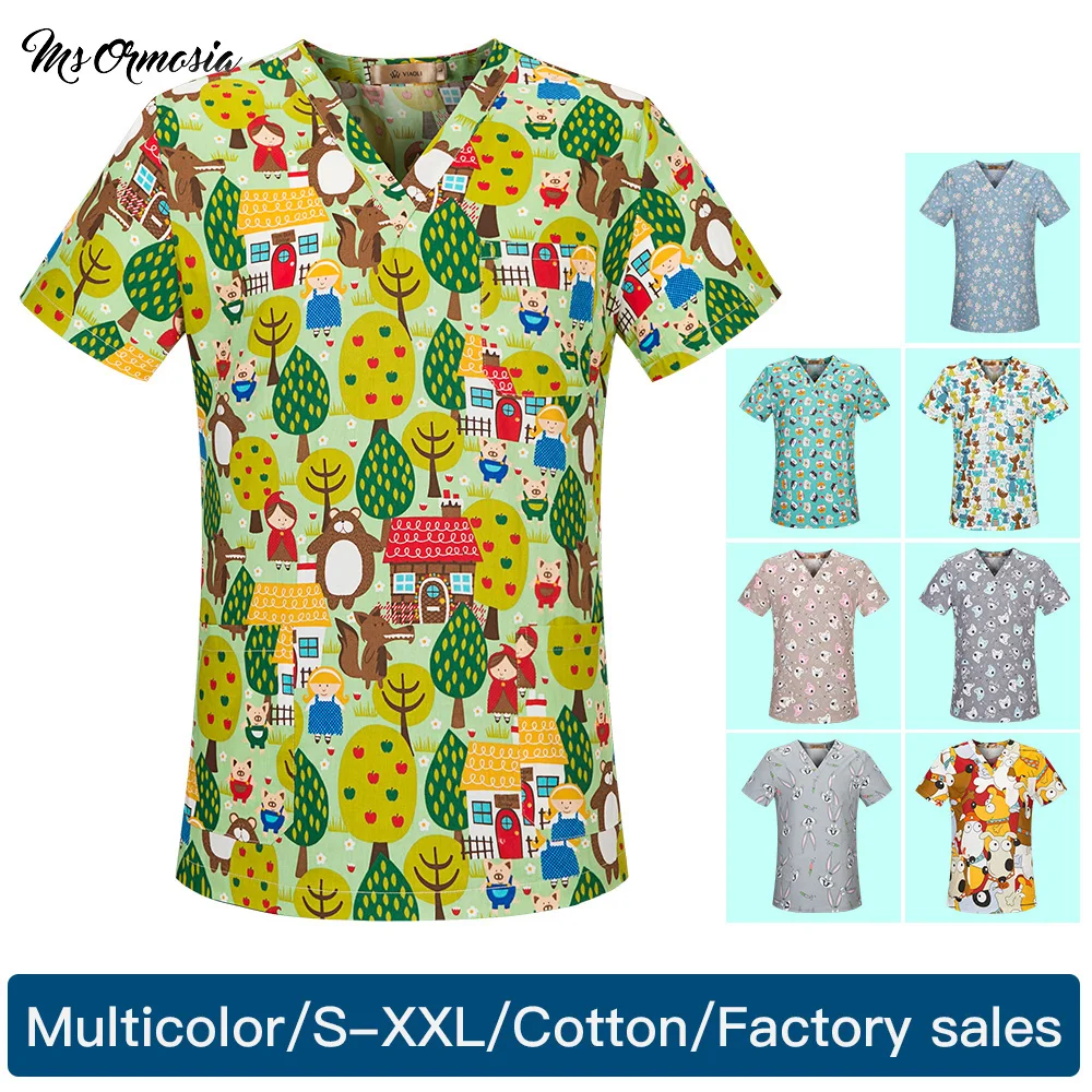 

new high quality Breathable cotton cartoon printing Scrub uniform Laboratory coat pet shop scrubs uniform tops wholesale Custom
