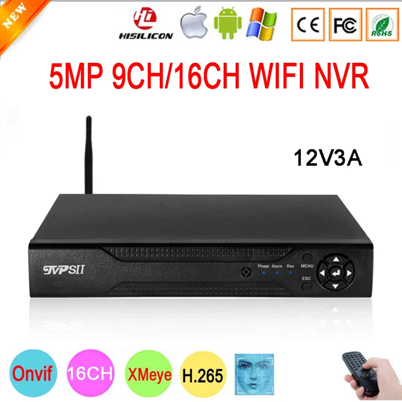 Control remoto 12V 3A Hi3536D vmeyesuper de Audio H.265 + Max 8TB SATA 5MP 16CH 16 canales 9CH cara Onvif Detección de WIFI CCTV DVR NVR