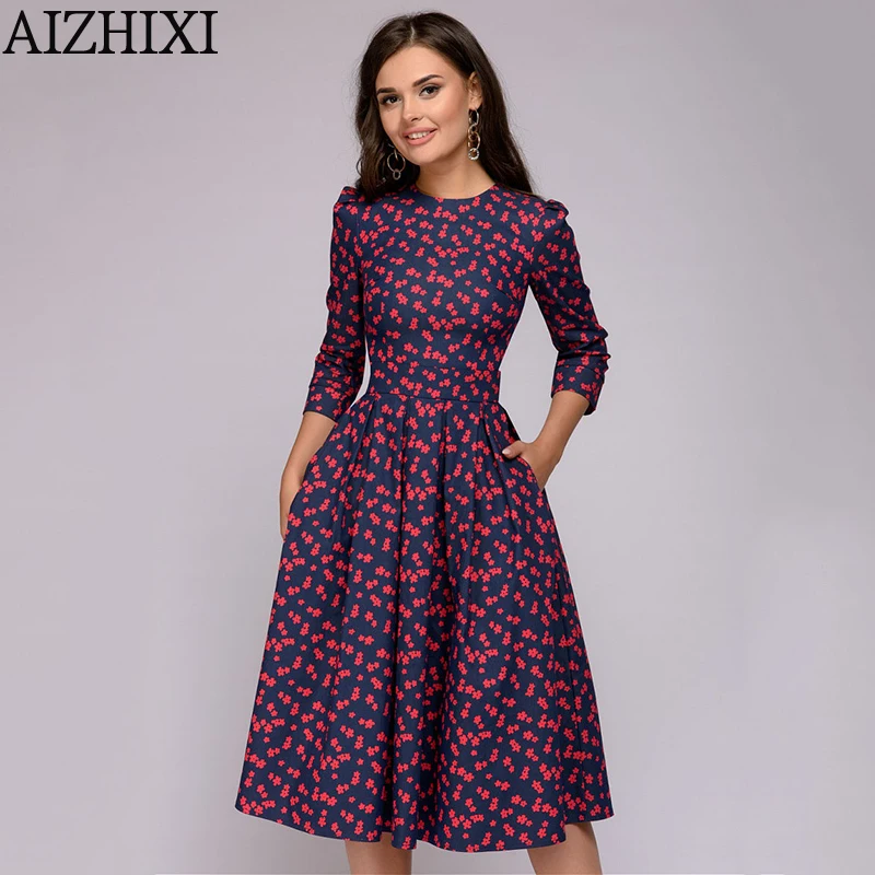 Red Flower AIZHIXI, Осеннее элегантное платье с рукавом 3/4 и цветочным принтом, женские повседневные летние платья трапециевидной формы с круглым вырезом, элегантные вечерние платья Vestidos - Цвет: Red Flower