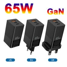 Gan 65 w carregador eua reino unido ue plugue três 3 porto qc pd 4.0 qc4.0 pd3.0 tipo-c USB-A telefone usb rápido carregamento 65 w carregador de parede