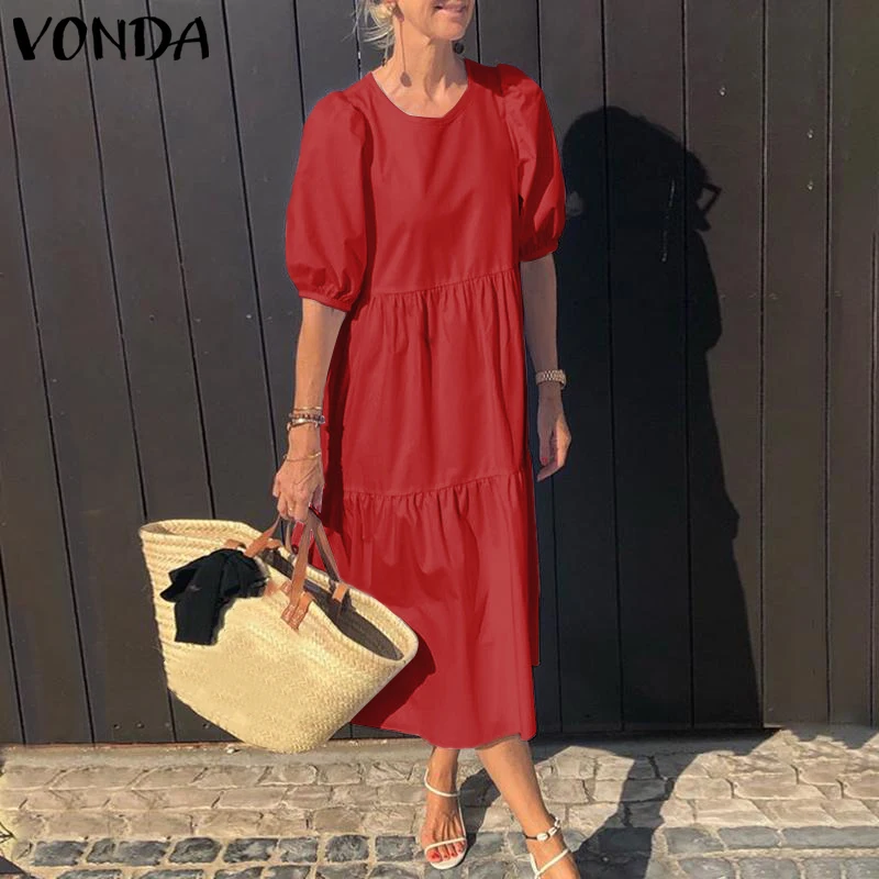 VONDA, летнее платье, богемный сарафан для женщин, Ретро стиль, рукав-фонарик, свободное Макси длинное платье, повседневное свободное праздничное платье размера плюс
