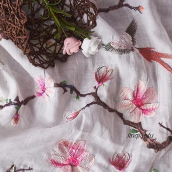 

Ramie embroidered cloth flowers and birds fine embroidered three-dimensional high-end clothing fabric High-end linen fabric