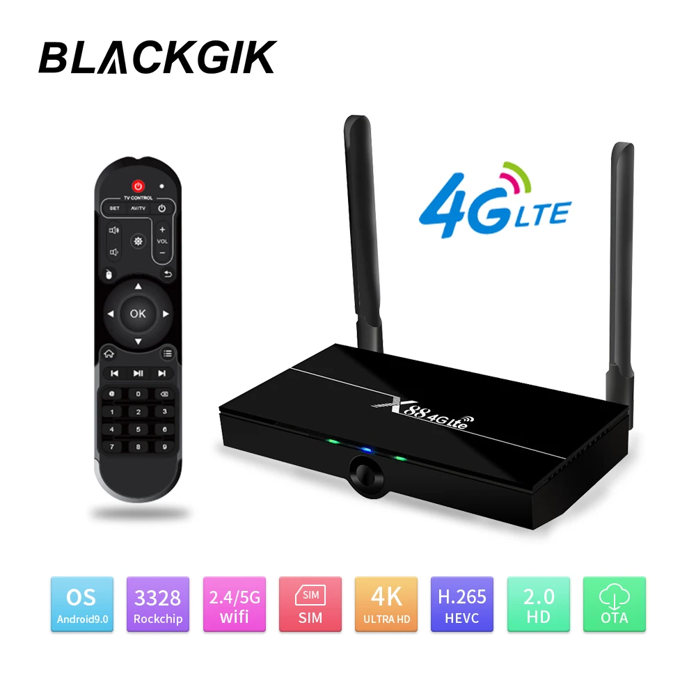 

X88 4G Lte Android 9.0 TV Box RK3328 Quad core 2.4/5G Dual Wifi Youtube Neflix 4K 60fps HD 2GB 16GB USB3.0 support Nano SIM Card