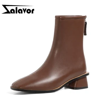 

ZALAVOR Ankle Boots For Women Square Toe Thick Heel Zipper Retro Fashion Shoes Solid Color Outdoor Winter Footwear Size 34-39