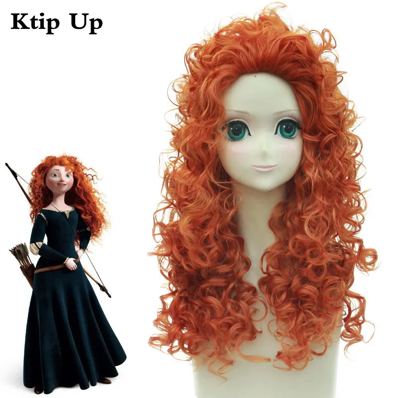 

Movie Brave Princress Merida Anime Wig Orange Red Long Curly Synthetic Hair Wigs Halloween Party Costume Wig Cosplay+Wig Cap