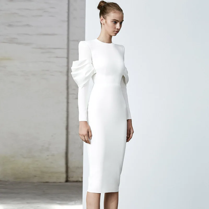 Gosexy осеннее Новое модное белое платье-футляр Vestidos женское винтажное платье миди с О-образным вырезом и длинными рукавами на молнии сзади